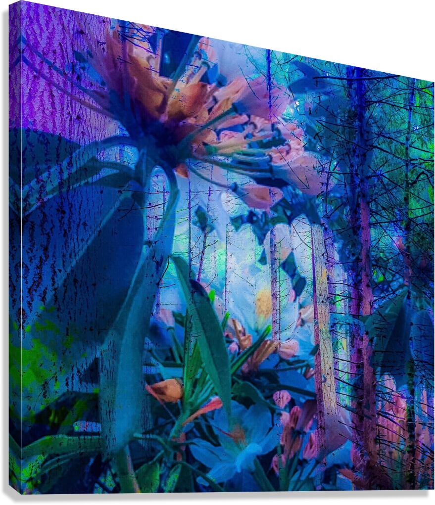 Mystical blue fantasy forest with flowers - ethereal nature photography